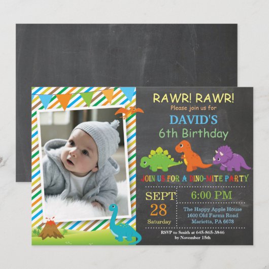 Chalkboard Dinosaur Birthday Invitation Dino Party Kaart (Voorkant / Achterkant)