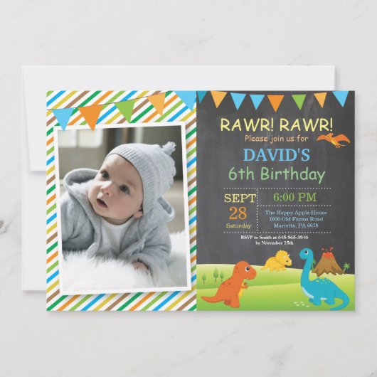 Chalkboard Dinosaur Birthday Invitation Dino Party Kaart (Voorkant)