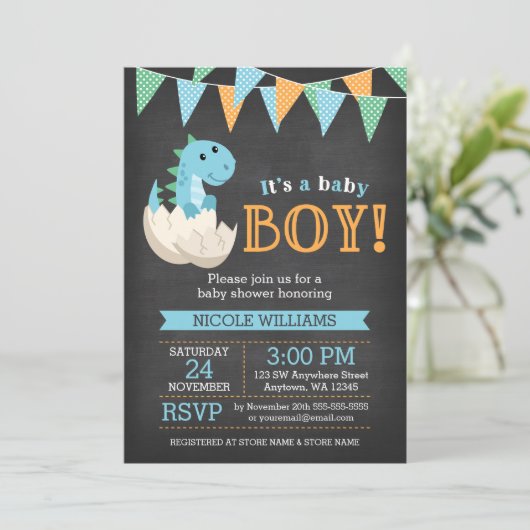 Chalkboard Dinosaur Boy Baby Shower Invitations Kaart (Staand voorkant)