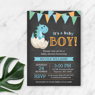 Chalkboard Dinosaur Boy Baby Shower Invitations Kaart