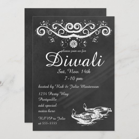 Chalkboard Diwali met Deepas en Lotus Kaart (Voorkant / Achterkant)