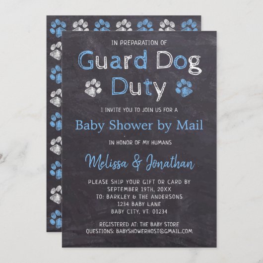 Chalkboard Dog Blue Boy Baby shower per post Kaart (Voorkant / Achterkant)