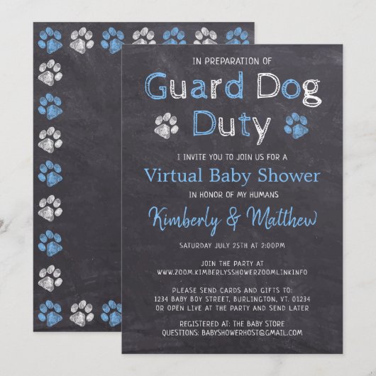Chalkboard Dog Blue Boy Virtual Baby shower Kaart (Voorkant / Achterkant)