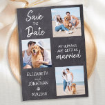 Chalkboard Dog Wedding Photo Collage Save The Date<br><div class="desc">Laat je beste hond je bruiloft aankondigen met deze super schattige 'Mijn mensen worden getrouwd'-gezelschapshond, sparen de datumkaarten. Pas met uw favoriete foto's aan, en personaliseer met namen, datum, en trouwplaats. Deze leuke foto-inkuilhond-aankondigingskaart zal een favoriet zijn met alle hondenliefhebbers! COPYRIGHT © 2020 Judy Burrows, Black Dog Art - Alle...</div>