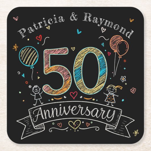 Chalkboard Doodles 50e Jubileum gepersonaliseerd Kartonnen Onderzetters (Voorkant)