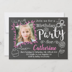 Chalkboard Doodles Girls Birthday Party Invitation Kaart