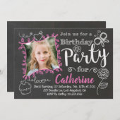 Chalkboard Doodles Girls Verjaardagsfeestje Uitnod Kaart (Voorkant / Achterkant)