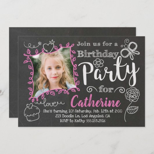 Chalkboard Doodles Girls Verjaardagsfeestje Uitnod Kaart (Voorkant / Achterkant)