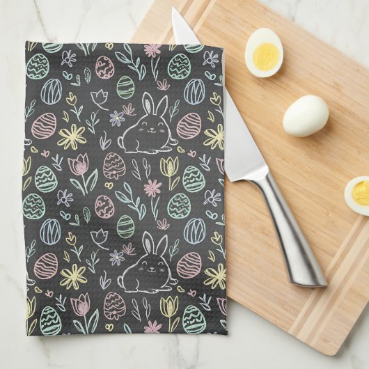 Chalkboard Easter Bunny Doodle Pattern Theedoek (Quarter Fold)