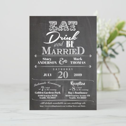 Chalkboard Eat Drink and be huwelijkshuwelijk Invi Kaart (Staand voorkant)
