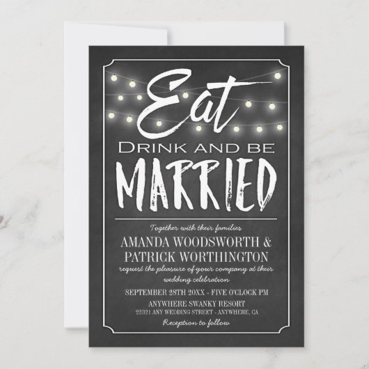 Chalkboard Eat Drink & Be Married Wedding Invites Kaart (Voorkant)