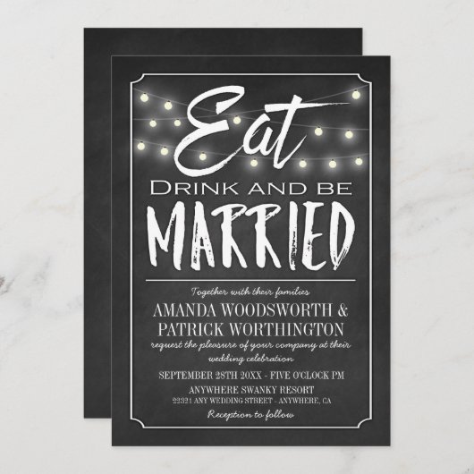 Chalkboard Eat Drink & Be Married Wedding Invites Kaart (Voorkant / Achterkant)