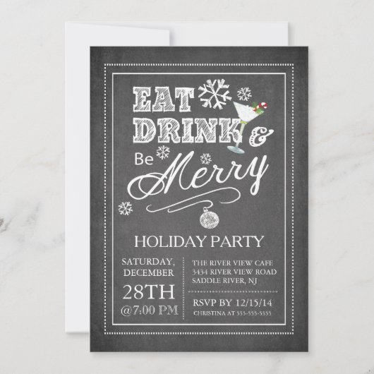 Chalkboard Eat Drink Be Merry Holiday Invitation Kaart (Voorkant)