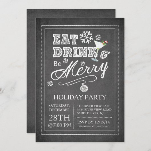 Chalkboard Eat Drink Be Merry Holiday Invitation Kaart (Voorkant / Achterkant)