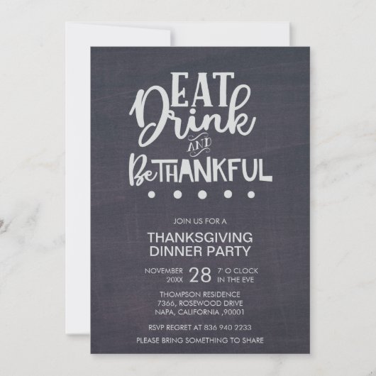 Chalkboard Eat Drink & Be Thankful Thanksgiving Kaart (Voorkant)