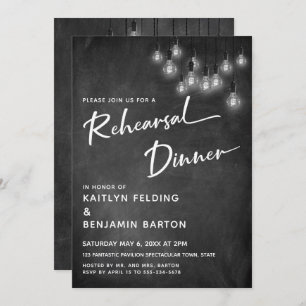 Chalkboard Edison Licht Moderne Rehearsal Dinner Kaart