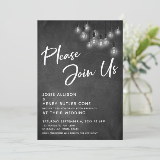 Chalkboard Edison Lights Doe mee aan de bruiloft Kaart (Staand voorkant)