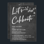 Chalkboard Edison Lights Modern Let's Celebrate Kaart<br><div class="desc">In dit bruiloft-thema ontwerp heb ik een elegante, moderne calligrafische doopvont gebruikt om een witte grafische typografische bekleding te creëer die "Laten we vieren" leest. Aan beide zijden was de achtergrond bedekt met een afbeelding dat een getextureerd krijtbord weergeeft. Het bekleden dat een cluster van ronde witte lichten van Edison...</div>