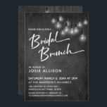 Chalkboard Edison Lights Moderne Bruidsbrunch Kaart<br><div class="desc">In dit bruiloft-thema ontwerp heb ik een elegant, modern kalligrafie lettertype gebruikt om een witte grafische typografie overlay met "Bridal Brunch" te creëer. Aan beide zijden werd de achtergrond bedekt met een afbeelding met een getextureerd krijtbord. Bedekken dat is een cluster van ronde witte Edison lichten. Vul de sjabloon blanks...</div>