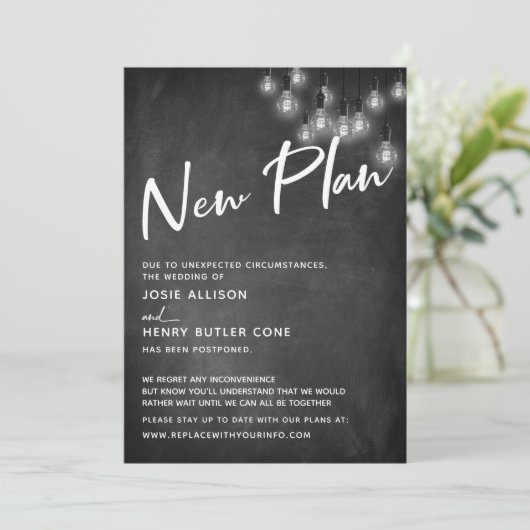 Chalkboard Edison Lights Nieuw Plan Vertraagd Trou Kaart (Staand voorkant)