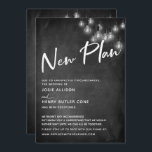 Chalkboard Edison Lights Nieuw Plan Vertraagd Trou Kaart<br><div class="desc">In dit ontwerp met een bruiloftsthema heb ik een elegant, modern kalligrafisch lettertype gebruikt om een witte grafische typografie-overlay te creëer met de tekst "New Plan". Aan beide zijden was de achtergrond bedekt met een afbeelding met een getextureerd krijtbord. Daaroverheen ligt een cluster van ronde witte Edison-lampen. Vul de sjabloon...</div>