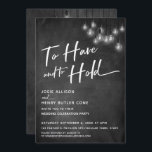 Chalkboard Edison Lights To Have and To Hold Kaart<br><div class="desc">In dit bruiloft-thema ontwerp heb ik een elegante, moderne kalligrafie lettertype gebruikt om een witte grafische typografie overlay creëer lezen "To Have and to Hold". Aan beide zijden werd de achtergrond bedekt met een afbeelding met een getextureerd krijtbord. Bedekken dat is een cluster van ronde witte Edison lichten. Vul de...</div>