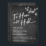 Chalkboard Edison Lights To Have and To Hold Kaart<br><div class="desc">In dit bruiloft-thema ontwerp heb ik een elegante, moderne kalligrafie lettertype gebruikt om een witte grafische typografie overlay creëer lezen "To Have and to Hold". Aan beide zijden werd de achtergrond bedekt met een afbeelding met een getextureerd krijtbord. Bedekken dat is een cluster van ronde witte Edison lichten. Vul de...</div>
