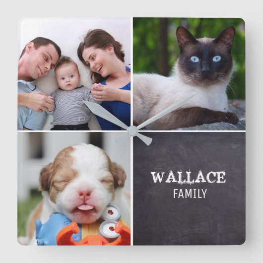 Chalkboard Editable Custom Collage Photos Vierkante Klok (Voorkant)