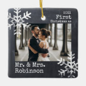 Chalkboard eerste kerst Mr. & Mrs Custom Foto Keramisch Ornament (Voorkant)