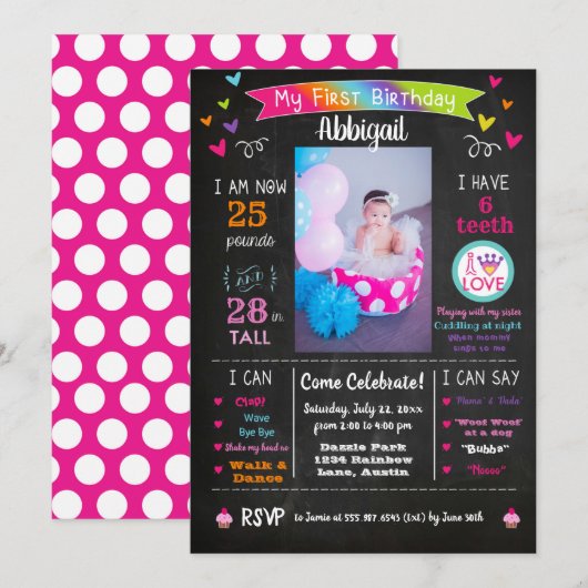 Chalkboard eerste verjaardag Mijlpalen regenboog Kaart (Voorkant / Achterkant)