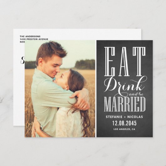 Chalkboard Eet Drink en wees getrouwd Save the Dat Aankondigingskaart (Voorkant / Achterkant)