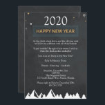 Chalkboard Elegant Oudejaarsfeest Kaart<br><div class="desc">Mooie zwarte krijtbord achtergrond oudejaarsavond party uitnodiging met,  met een groene grens met "Happy New Year" op de top en winter bos. Aanpassen met uw persoonlijke begroeting,  familienamen en individuele namen.</div>