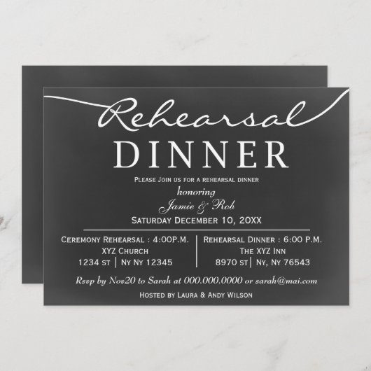 chalkboard Elegant Script Rehearsal Dinner Invitae Kaart (Voorkant / Achterkant)