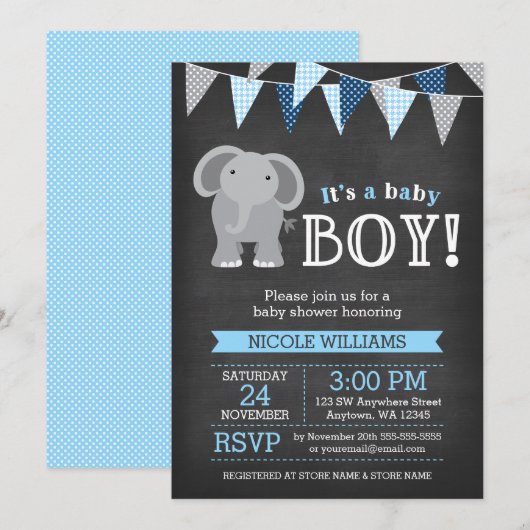 Chalkboard Elephant Boy Baby Shower Uitnodigingen (Voorkant / Achterkant)