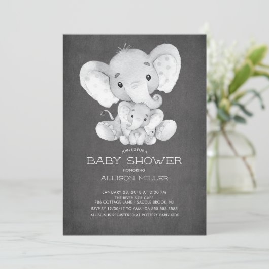 Chalkboard Elephant Neutraal Baby shower Invitatio Kaart (Staand voorkant)