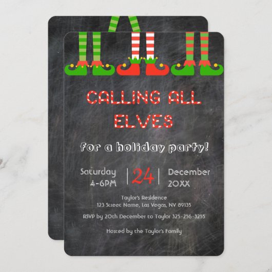 Chalkboard Elves - Uitnodiging voor kerstfeestdage (Voorkant / Achterkant)