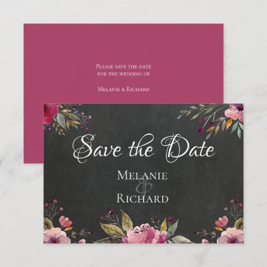 Chalkboard en Blush Floral Save the Date Card (Voorkant / Achterkant)