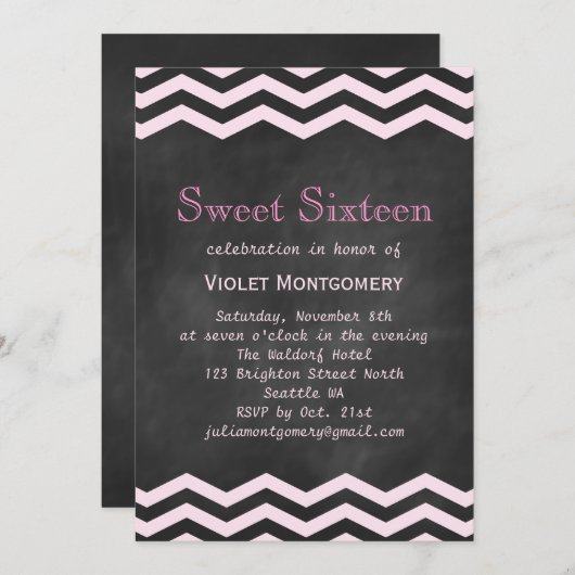 Chalkboard en Chevrons Sweet Sixteen-uitnodiging Kaart (Voorkant / Achterkant)