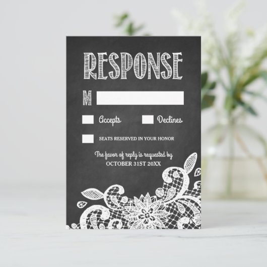 Chalkboard en Lace Rustic Wedding RSVP-kaarten RSVP Kaartje (Staand voorkant)