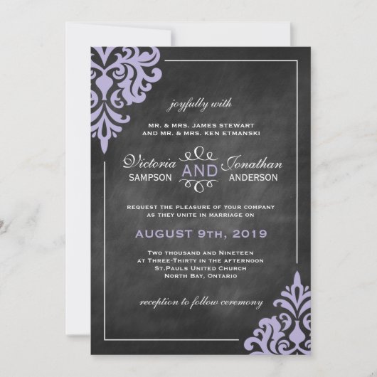 Chalkboard en Lila Damask Wedding Invitations Kaart (Voorkant)
