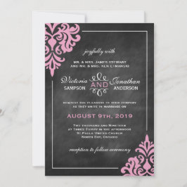 Chalkboard en Pink Damask Wedding Invitations Kaart