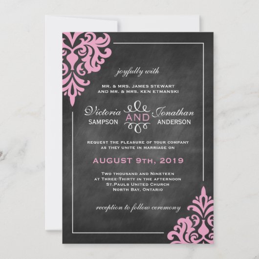 Chalkboard en Pink Damask Wedding Invitations Kaart (Voorkant)