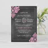 Chalkboard en Pink Damask Wedding Invitations Kaart (Staand voorkant)