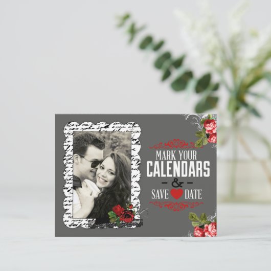 Chalkboard en Rozen Foto opslaan Datum Aankondigingskaart (Staand voorkant)