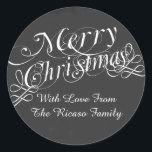 Chalkboard en scroll lettertype Merry Christmas Cu Ronde Sticker<br><div class="desc">Kerstkrijtbord en fancy lettertype Merry Christmas Festive Gepersonaliseerde ronde stickers van Ricaso</div>