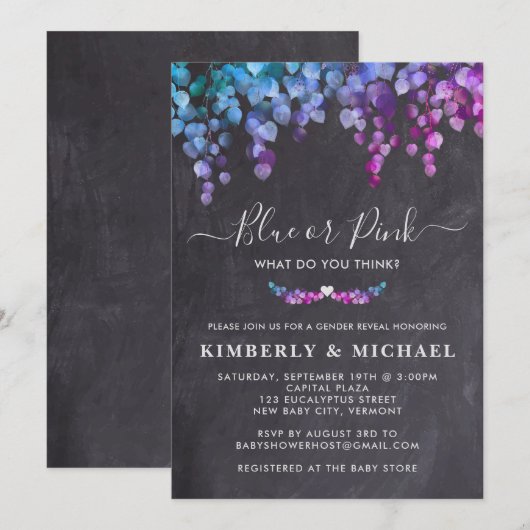 Chalkboard Eucalyptus Geslacht Blauw roze Baby Kaart (Voorkant / Achterkant)