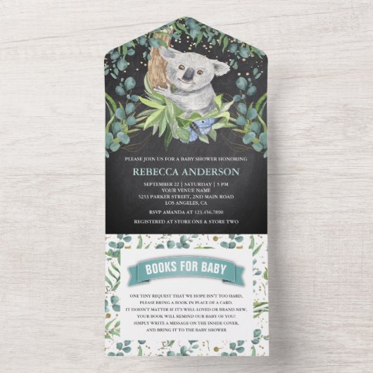 Chalkboard Eucalyptus Koala Beer Baby shower All In One Uitnodiging (Binnen)