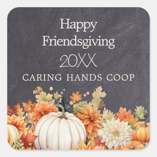 Chalkboard Fall Pumpkin Floral Friendsgiving Year Vierkante Sticker (Voorkant)
