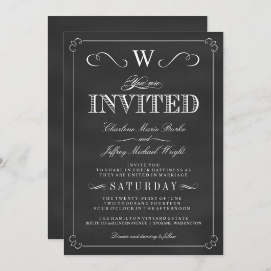 Chalkboard Fancy Monogram Wedding Invitaties Kaart (Voorkant / Achterkant)
