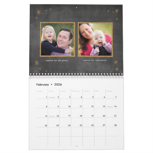 Chalkboard & Faux Gold Glitter Photo Collage Kalender (Feb 2026)